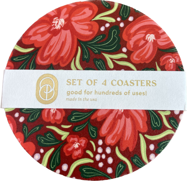 red floral illustrated set of 4 paperboard coasters